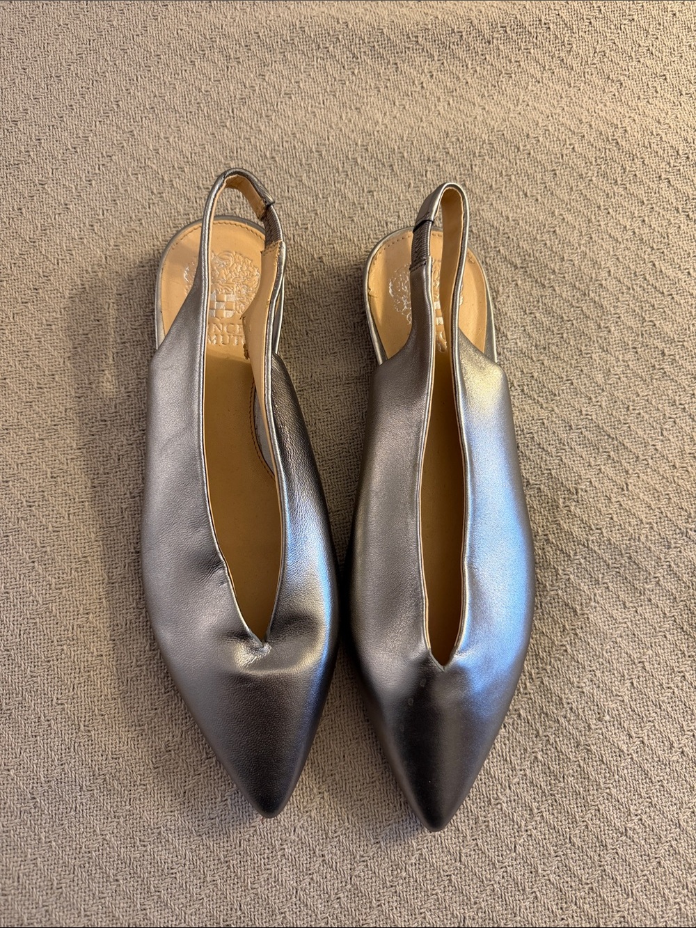 Metallic Silver Leather Pointed Slingback Mules